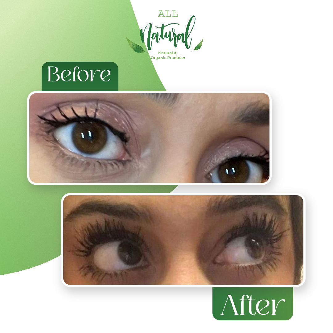Lashes before and after using All Naturals Lash & Brow Growth Serum