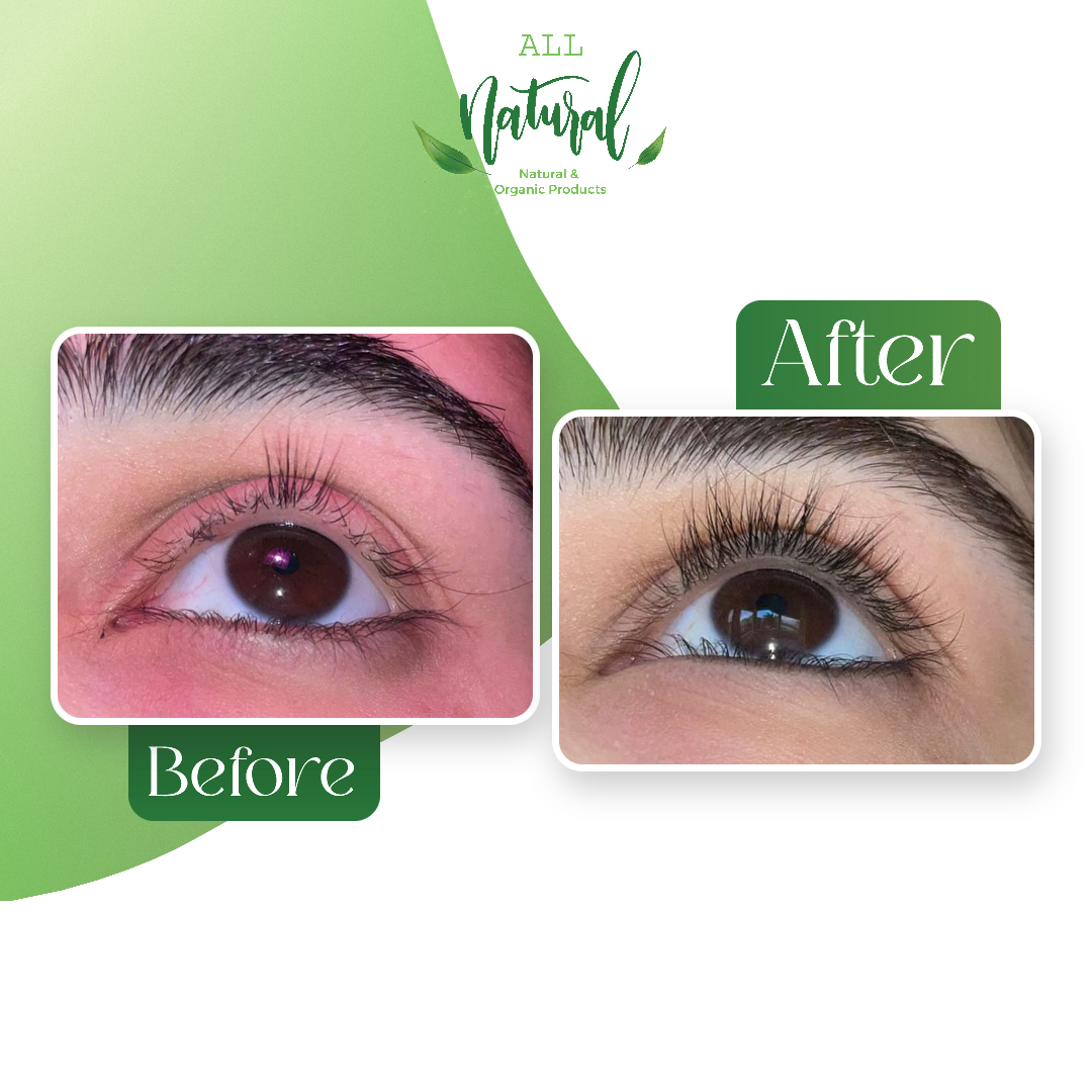 Lashes before and after using All Naturals Lash & Brow Growth Serum