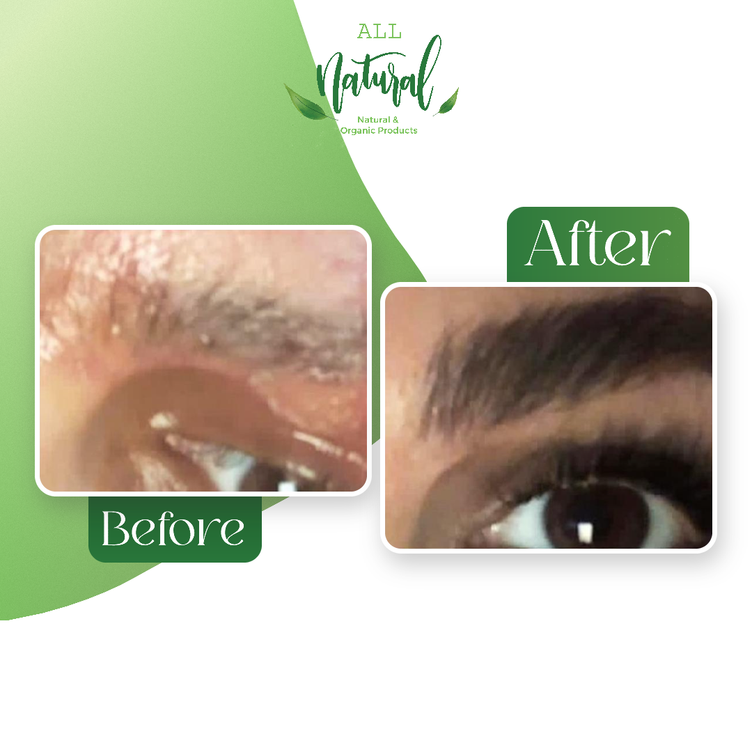 Brows before and after using All Naturals Lash & Brow Growth Serum